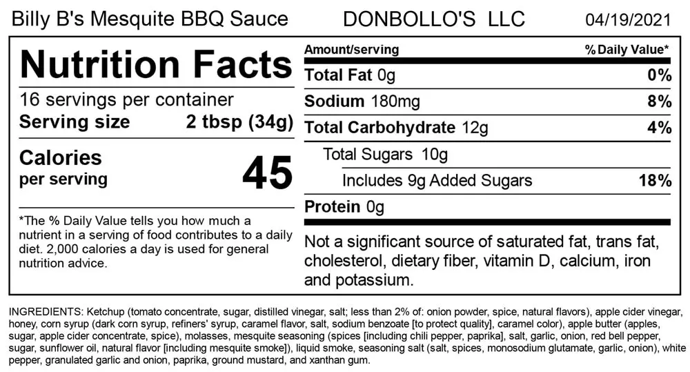 Nutritional Information label for mesquite sauce
